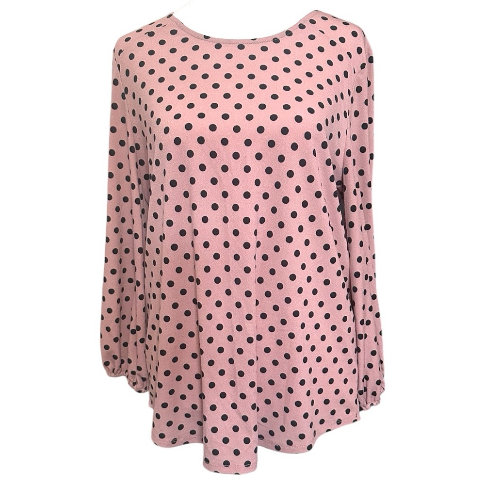 Adrianna Papell Pink Polka Dot Long Sleeve Blouse Classic Crew Size M